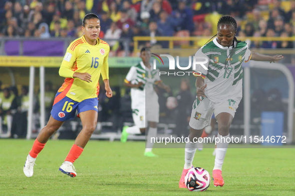 Lamine Mana of Cameroon controls the ball during the FIFA U-20 Women's World Cup 2024 match between Colombia and Cameroon at the El Campin s...