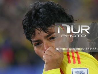 Yessica Munoz of Colombia celebrates scoring during the FIFA U-20 Women's World Cup 2024 match between Colombia and Cameroon at the El Campi...