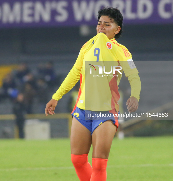 Yessica Munoz of Colombia celebrates scoring during the FIFA U-20 Women's World Cup 2024 match between Colombia and Cameroon at the El Campi...