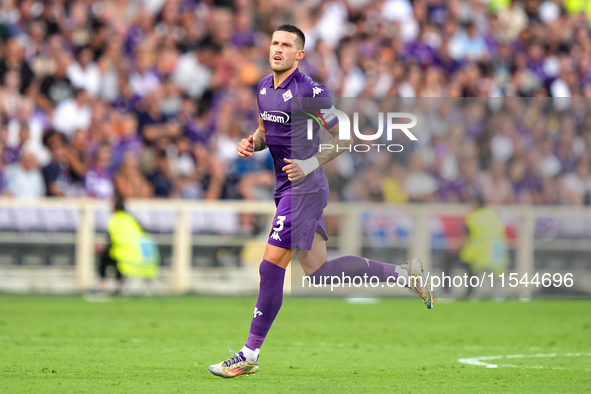 Cristiano Biraghi of ACF Fiorentina looks on during the Serie A Enilive match between ACF Fiorentina and AC Monza at Stadio Artemio Franchi...