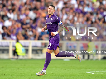 Cristiano Biraghi of ACF Fiorentina looks on during the Serie A Enilive match between ACF Fiorentina and AC Monza at Stadio Artemio Franchi...