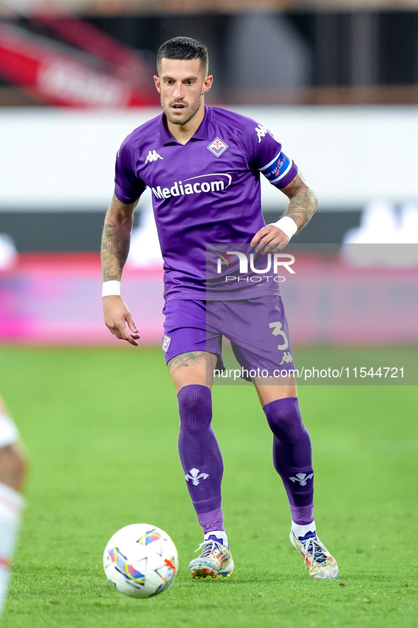 Cristiano Biraghi of ACF Fiorentina in action during the Serie A Enilive match between ACF Fiorentina and AC Monza at Stadio Artemio Franchi...