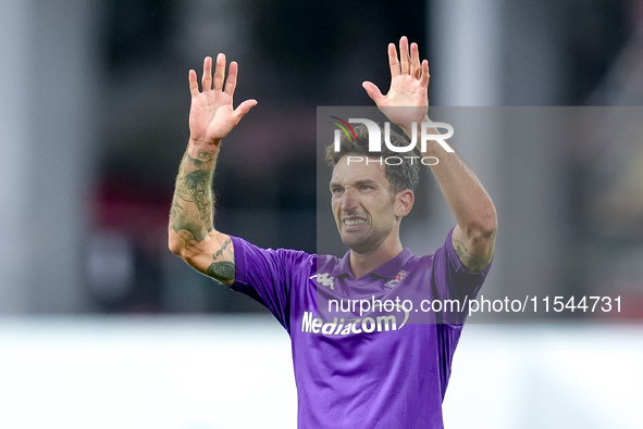 Danilo Cataldi of ACF Fiorentina reacts during the Serie A Enilive match between ACF Fiorentina and AC Monza at Stadio Artemio Franchi on Se...