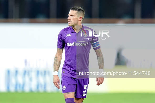 Cristiano Biraghi of ACF Fiorentina looks on during the Serie A Enilive match between ACF Fiorentina and AC Monza at Stadio Artemio Franchi...