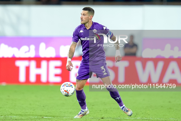 Cristiano Biraghi of ACF Fiorentina in action during the Serie A Enilive match between ACF Fiorentina and AC Monza at Stadio Artemio Franchi...