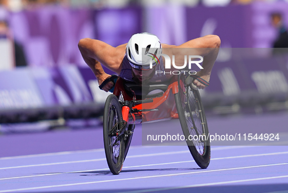 Brian Siemann of United States of America in action in Men's 100m - T53 Round 1 during the Paris 2024 Paralympic Games at Stade de France on...