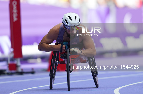 Brian Siemann of United States of America in action in Men's 100m - T53 Round 1 during the Paris 2024 Paralympic Games at Stade de France on...