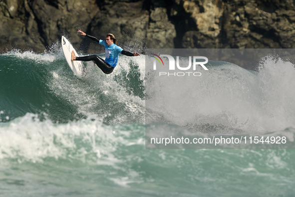 Ishka Thres of the United Kingdom surfs on day 1 of the ABANCA Pantin Classic Galicia Pro 2024 in Pantin Beach, La Coruna, Spain. 