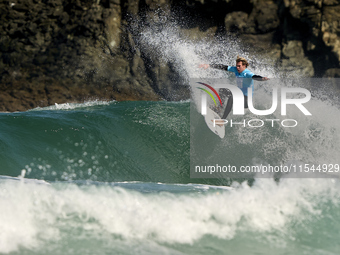 Ishka Thres of the United Kingdom surfs on day 1 of the ABANCA Pantin Classic Galicia Pro 2024 in Pantin Beach, La Coruna, Spain. (