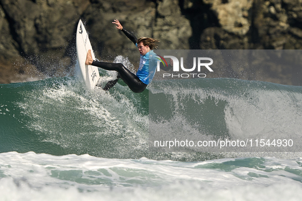 Ishka Thres of the United Kingdom surfs on day 1 of the ABANCA Pantin Classic Galicia Pro 2024 in Pantin Beach, La Coruna, Spain. 