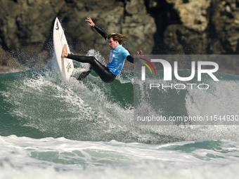 Ishka Thres of the United Kingdom surfs on day 1 of the ABANCA Pantin Classic Galicia Pro 2024 in Pantin Beach, La Coruna, Spain. (