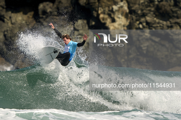 Ishka Thres of the United Kingdom surfs on day 1 of the ABANCA Pantin Classic Galicia Pro 2024 in Pantin Beach, La Coruna, Spain. 