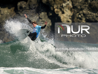 Ishka Thres of the United Kingdom surfs on day 1 of the ABANCA Pantin Classic Galicia Pro 2024 in Pantin Beach, La Coruna, Spain. (