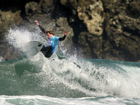 Ishka Thres of the United Kingdom surfs on day 1 of the ABANCA Pantin Classic Galicia Pro 2024 in Pantin Beach, La Coruna, Spain. (