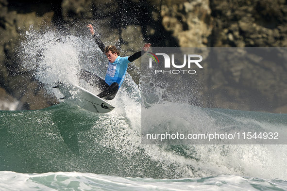 Ishka Thres of the United Kingdom surfs on day 1 of the ABANCA Pantin Classic Galicia Pro 2024 in Pantin Beach, La Coruna, Spain. 