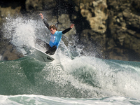 Ishka Thres of the United Kingdom surfs on day 1 of the ABANCA Pantin Classic Galicia Pro 2024 in Pantin Beach, La Coruna, Spain. (