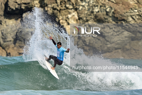 Daryl Barrier of France surfs on day 1 of the ABANCA Pantin Classic Galicia Pro 2024 in Pantin Beach, La Coruna, Spain. 