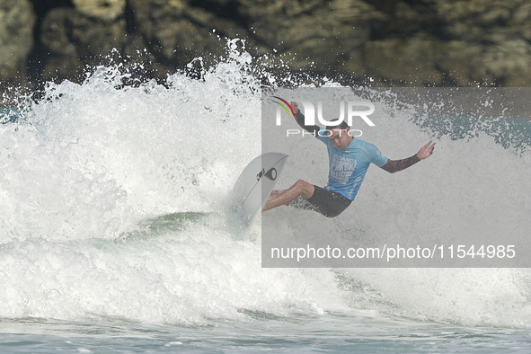 Lenny Morel of France surfs on day 1 of the ABANCA Pantin Classic Galicia Pro 2024 in Pantin Beach, La Coruna, Spain. 