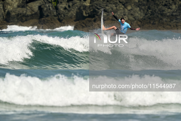 Lenny Morel of France surfs on day 1 of the ABANCA Pantin Classic Galicia Pro 2024 in Pantin Beach, La Coruna, Spain. 