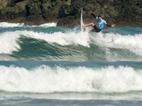 Lenny Morel of France surfs on day 1 of the ABANCA Pantin Classic Galicia Pro 2024 in Pantin Beach, La Coruna, Spain. (