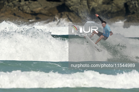 Lenny Morel of France surfs on day 1 of the ABANCA Pantin Classic Galicia Pro 2024 in Pantin Beach, La Coruna, Spain. 