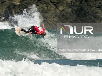 Elliot Barton of the United Kingdom surfs on day 1 of the ABANCA Pantin Classic Galicia Pro 2024 in Pantin Beach, La Coruna, Spain. (