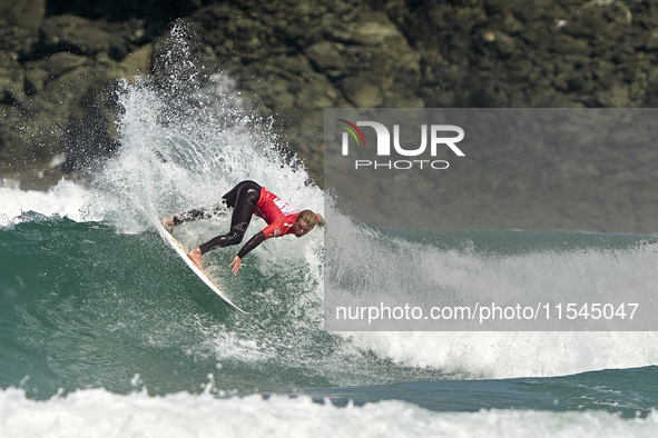 Elliot Barton of the United Kingdom surfs on day 1 of the ABANCA Pantin Classic Galicia Pro 2024 in Pantin Beach, La Coruna, Spain. 