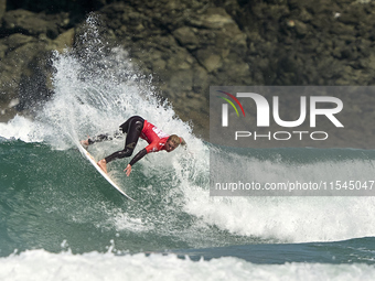 Elliot Barton of the United Kingdom surfs on day 1 of the ABANCA Pantin Classic Galicia Pro 2024 in Pantin Beach, La Coruna, Spain. (