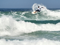 Tommaso Noah Pavoni of Italy surfs on day 1 of the ABANCA Pantin Classic Galicia Pro 2024 in Pantin Beach, La Coruna, Spain. (