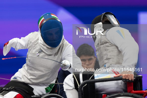 Beatrice Maria ''Bebe'' Vio Grandis of Italy competes against Nadiia Doloh of Ukraine during the Women's Foil Category B Quarterfinal at Gra...