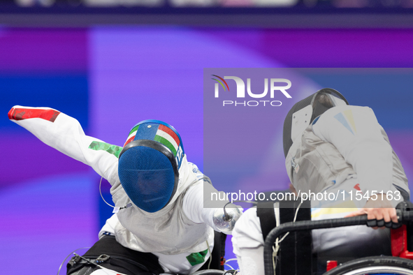 Beatrice Maria ''Bebe'' Vio Grandis of Italy competes against Nadiia Doloh of Ukraine during the Women's Foil Category B Quarterfinal at Gra...