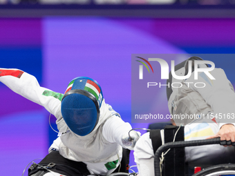 Beatrice Maria ''Bebe'' Vio Grandis of Italy competes against Nadiia Doloh of Ukraine during the Women's Foil Category B Quarterfinal at Gra...