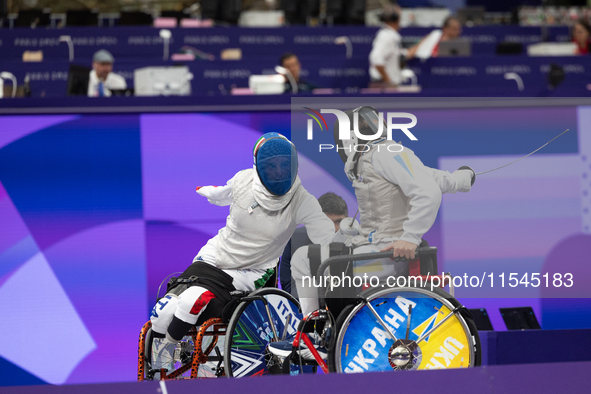 Beatrice Maria ''Bebe'' Vio Grandis of Italy competes against Nadiia Doloh of Ukraine during the Women's Foil Category B Quarterfinal at Gra...