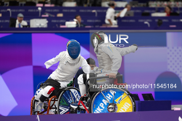 Beatrice Maria ''Bebe'' Vio Grandis of Italy competes against Nadiia Doloh of Ukraine during the Women's Foil Category B Quarterfinal at Gra...