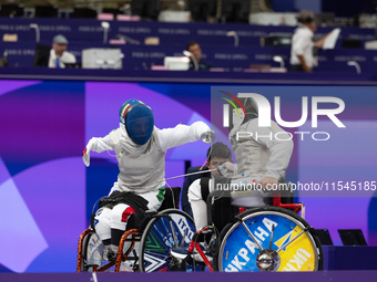 Beatrice Maria ''Bebe'' Vio Grandis of Italy competes against Nadiia Doloh of Ukraine during the Women's Foil Category B Quarterfinal at Gra...