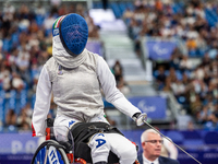 Beatrice Maria ''Bebe'' Vio Grandis of Italy competes against Nadiia Doloh of Ukraine during the Women's Foil Category B Quarterfinal at Gra...