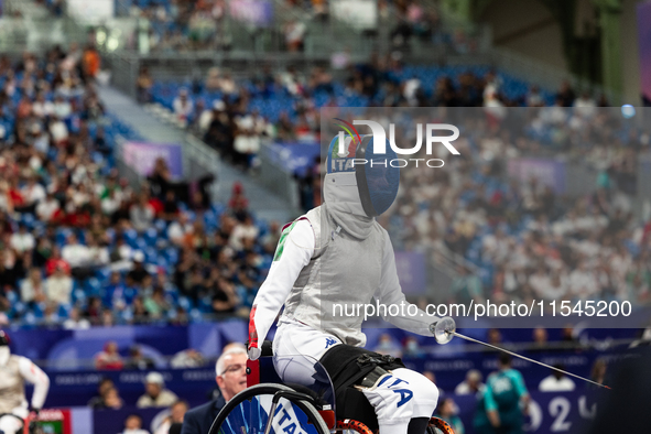 Beatrice Maria ''Bebe'' Vio Grandis of Italy competes against Nadiia Doloh of Ukraine during the Women's Foil Category B Quarterfinal at Gra...