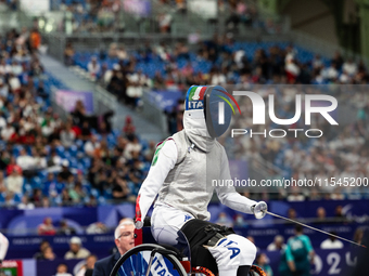 Beatrice Maria ''Bebe'' Vio Grandis of Italy competes against Nadiia Doloh of Ukraine during the Women's Foil Category B Quarterfinal at Gra...