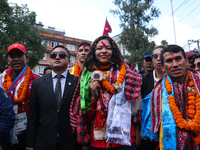 Nepali para athlete and first bronze medalist in Paralympics in Nepal's history, Palesha Goverdhan (center), is pictured during a public fel...