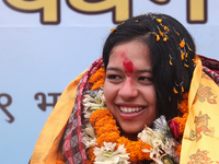 Nepali para athlete and first bronze medalist in Paralympics in Nepal's history, Palesha Goverdhan, is felicitated amid a public procession...