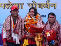 Nepali para athlete and first bronze medalist in Paralympics in Nepal's history, Palesha Goverdhan (center), is pictured during a public fel...