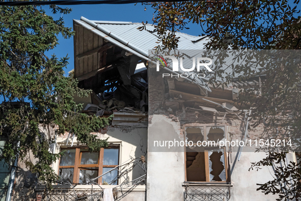 A residential building is damaged by a Russian missile attack in the Zaliznychnyi district in Lviv, Ukraine, on September 4, 2024. In the ea...