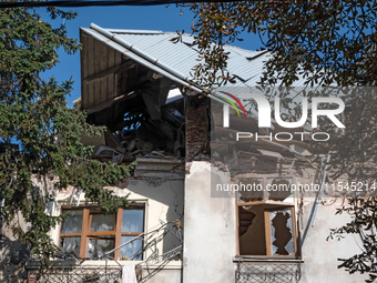 A residential building is damaged by a Russian missile attack in the Zaliznychnyi district in Lviv, Ukraine, on September 4, 2024. In the ea...