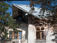 A residential building is damaged by a Russian missile attack in the Zaliznychnyi district in Lviv, Ukraine, on September 4, 2024. In the ea...