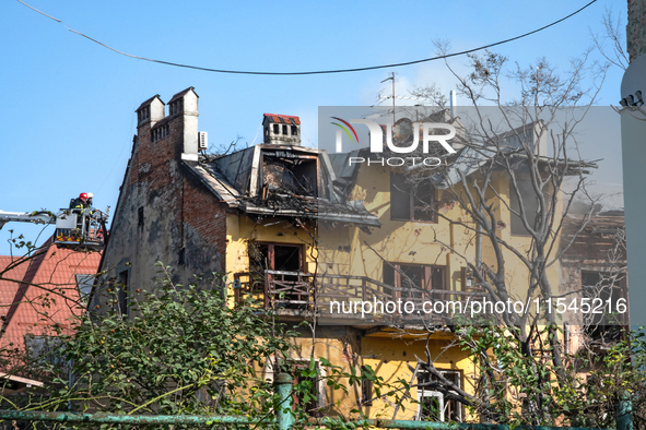 A residential building is damaged by a Russian missile attack in the Zaliznychnyi district in Lviv, Ukraine, on September 4, 2024. In the ea...