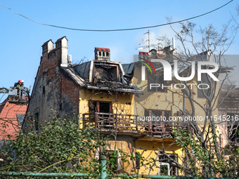 A residential building is damaged by a Russian missile attack in the Zaliznychnyi district in Lviv, Ukraine, on September 4, 2024. In the ea...