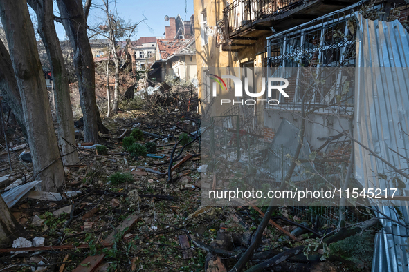 The rubble covers the ground at a residential building damaged by the Russian missile attack in the Zaliznychnyi district in Lviv, Ukraine,...