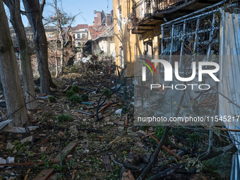 The rubble covers the ground at a residential building damaged by the Russian missile attack in the Zaliznychnyi district in Lviv, Ukraine,...