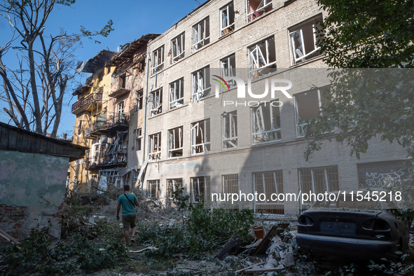 Buildings are damaged by the Russian missile attack in the Zaliznychnyi district in Lviv, Ukraine, on September 4, 2024. In the early hours...