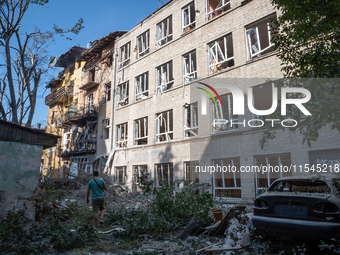 Buildings are damaged by the Russian missile attack in the Zaliznychnyi district in Lviv, Ukraine, on September 4, 2024. In the early hours...